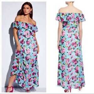 Betsey Johnson Drowning Roses Malibu Blue Pink Off the Shoulder Maxi Size ^